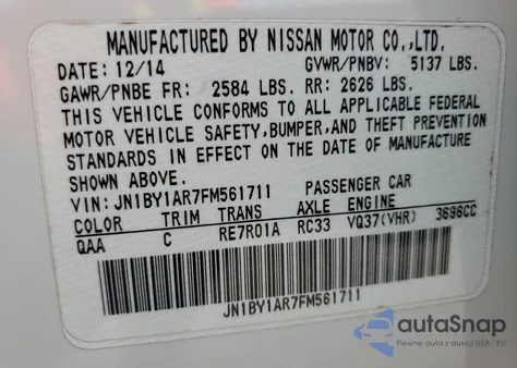 2015 Infiniti Q70 3.7 из США, поврежденный, VIN JN1BY1AR7FM561711